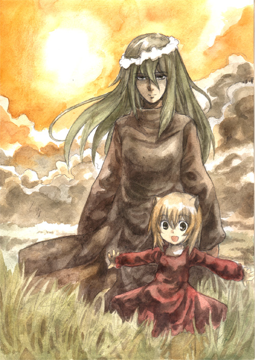 00s animal_ears child dress field grass head_wreath kouno_hikaru long_hair memusu open_mouth painting_(medium) smile sun sunset tengen_toppa_gurren_lagann traditional_media tsuuma viral_(ttgl) watercolor_(medium) wind