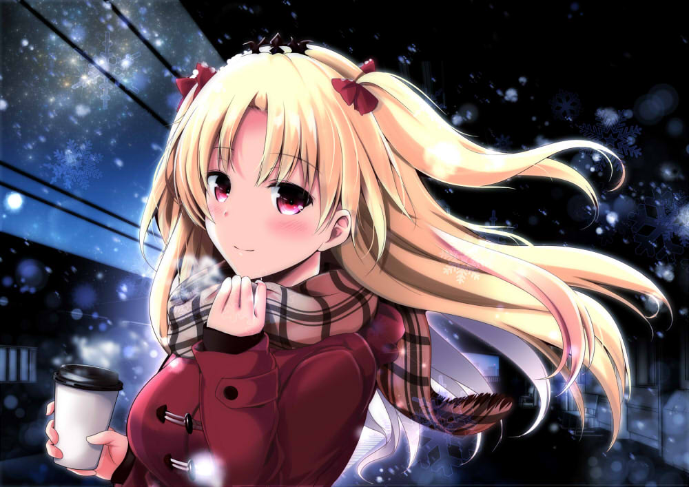 1girl alternate_breast_size blonde_hair bow breasts casual coat commentary_request cup disposable_coffee_cup disposable_cup ereshkigal_(fate) fate/grand_order fate_(series) hair_bow holding holding_cup kiki_(koikuchikinako) large_breasts pink_eyes plaid_clothes plaid_scarf red_bow red_coat scarf sleeves_past_wrists snowing solo tiara two_side_up upper_body