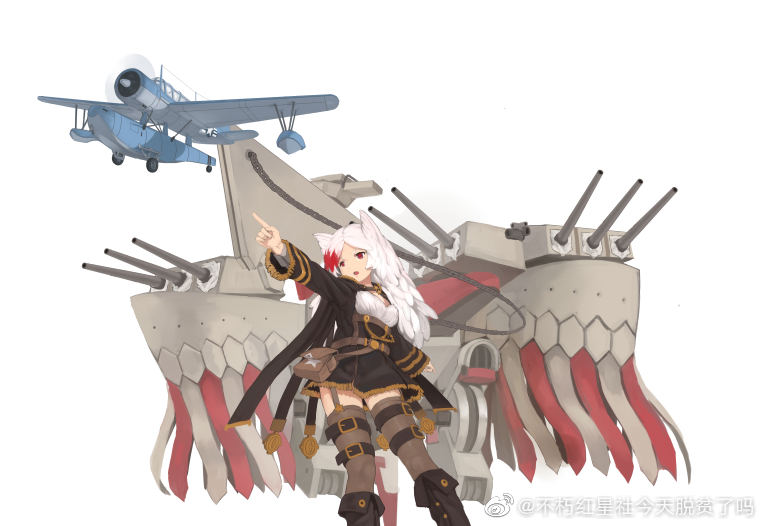 1girl aircraft airplane animal_ears belt black_boots black_coat black_skirt boots breasts brown_thighhighs buxiuhongxingshe_jintiantuopinlema cannon coat colored_bangs eyepatch full_body long_hair long_sleeves looking_at_viewer machinery military military_vehicle miniskirt multicolored_hair north_carolina_(warship_girls_r) open_clothes open_coat pleated_skirt pointing pouch red_eyes rigging seaplane ship_turret shirt simple_background skirt solo standing thigh_strap thighhighs warship_girls_r watermark weapon weibo_watermark white_background white_hair white_shirt zettai_ryouiki