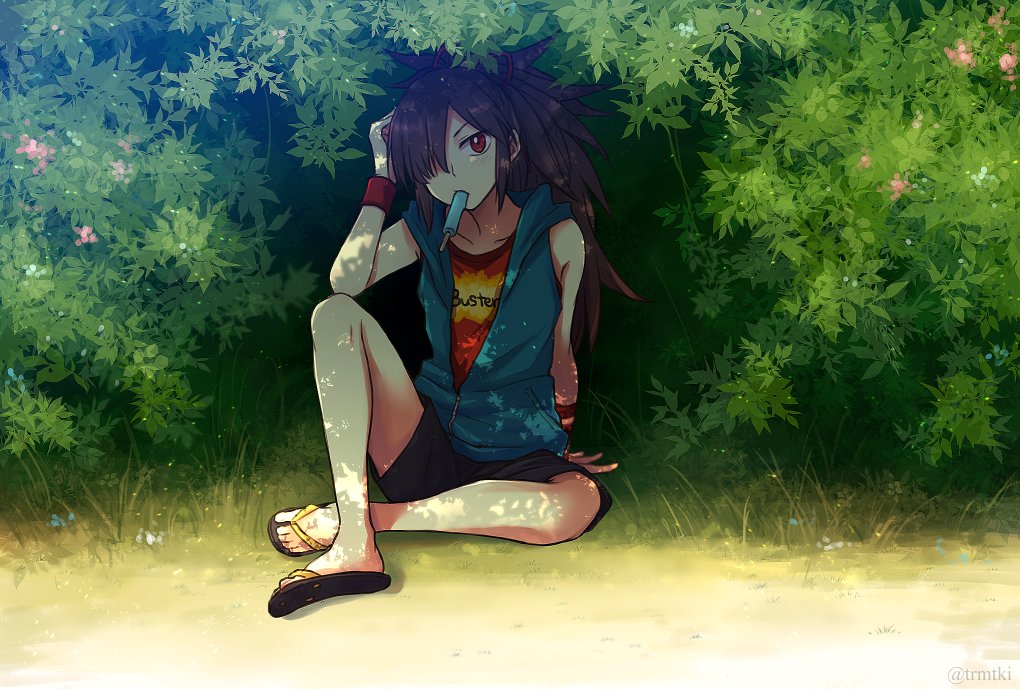 1boy arm_behind_back arm_support black_shorts blue_hoodie brown_hair bush buster_shirt collarbone dappled_sunlight day dirt elbow_on_knee fate/grand_order fate_(series) flip-flops flower food food_in_mouth full_body grass hair_between_eyes hair_over_one_eye hand_on_ground hand_on_own_head hood hoodie hunched_over knee_up light_particles long_hair looking_at_viewer male_focus nature oda_kippoushi_(fate) oda_nobunaga_(fate) one_eye_covered outdoors partially_unzipped ponytail popsicle popsicle_in_mouth red_eyes red_tank_top sandals shade shorts sidelocks sitting sleeveless sleeveless_hoodie sunlight tank_top teramoto_kei v-shaped_eyebrows wristband zipper