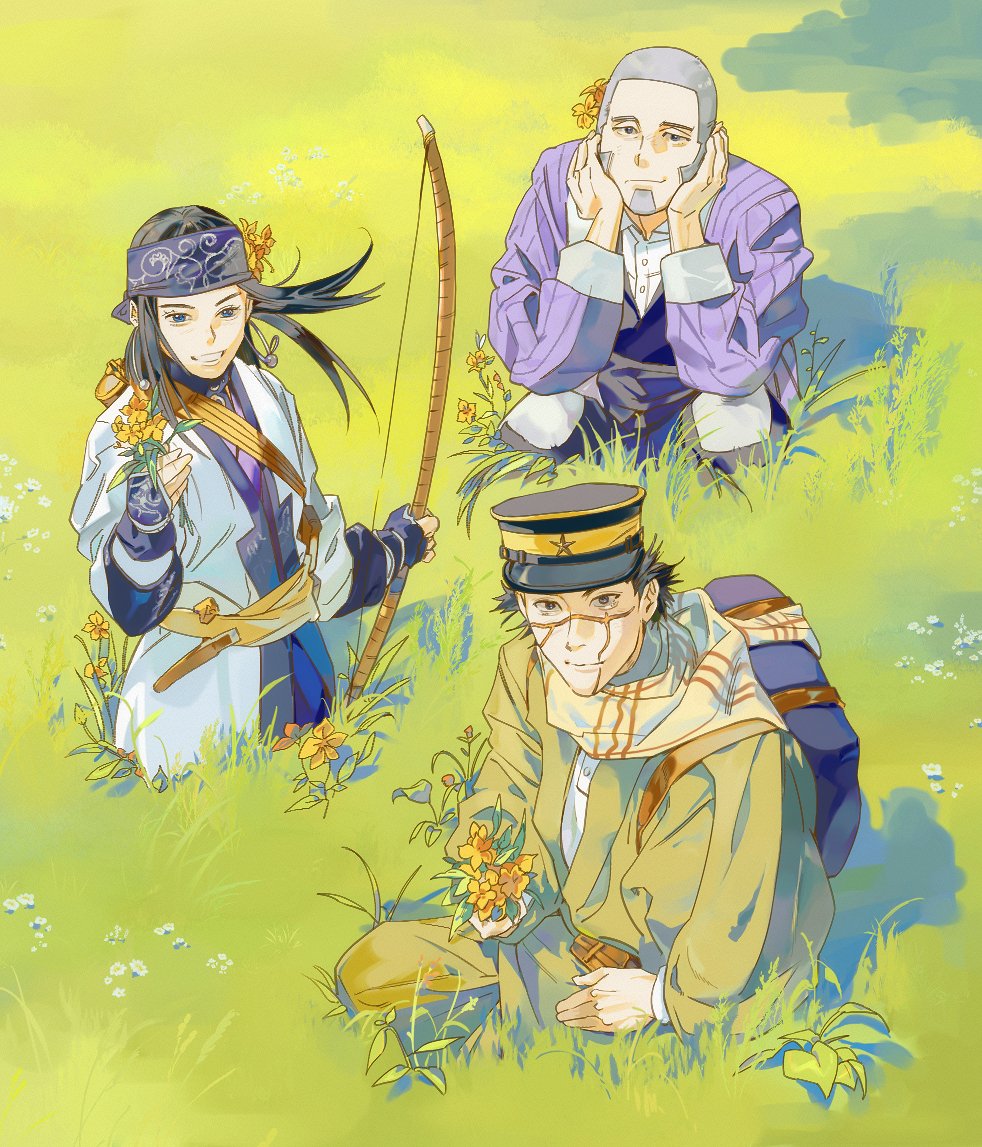 1girl 2boys ainu ainu_clothes arisaka asirpa bandana blue_bandana bolt_action bow_(weapon) buzz_cut commentary_request earrings facial_hair facial_scar flower goatee golden_kamuy grass gun hat headband holding holding_flower hoop_earrings imperial_japanese_army jewelry kepi long_sideburns looking_at_viewer luke_skyfaller military_hat multiple_boys purple_headband rifle scar scar_on_cheek scar_on_face scar_on_mouth scar_on_nose scarf shaved_head shiraishi_yoshitake short_hair sideburns sitting smile sugimoto_saichi tall_grass two-tone_headwear very_short_hair weapon yellow_scarf