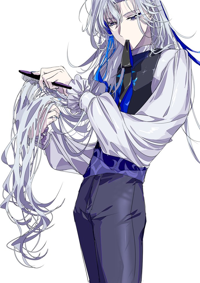 1boy black_pants black_ribbon black_vest blue_hair brushing_hair brushing_own_hair cowboy_shot cummerbund expressionless frilled_sleeves frills genshin_impact hair_between_eyes hair_brush holding holding_hair_brush holding_own_hair konton-hei long_hair long_sleeves looking_down mouth_hold multicolored_hair neuvillette_(genshin_impact) pants pointy_ears puffy_long_sleeves puffy_sleeves purple_eyes ribbon simple_background single_sidelock standing streaked_hair very_long_hair vest white_background white_hair