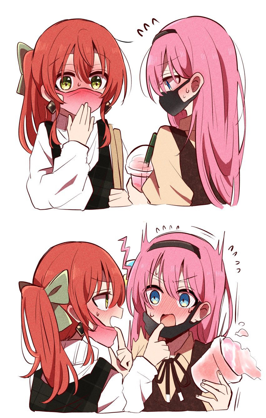 2girls black_dress black_mask blue_eyes blush bocchi_the_rock! bow brown_dress commentary_request cup disposable_cup dress earrings flying_sweatdrops gotoh_hitori green_bow hair_bow highres holding holding_cup jewelry kita_ikuyo long_hair long_sleeves looking_at_another mask mask_pull mouth_mask multiple_girls one_side_up pinafore_dress pink_hair pink_mask red_hair shirt simple_background sleeveless sleeveless_dress sweat sweatdrop warashi67 white_background white_shirt yellow_shirt yuri