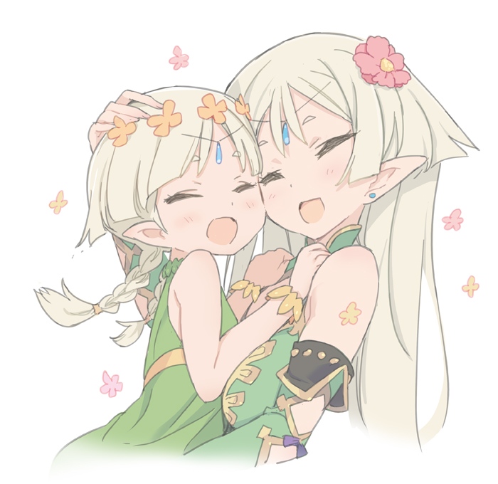 2girls birthday blade_(galaxist) blonde_hair blush braid child circlet closed_eyes commentary_request earrings elf flower hair_flower hair_ornament head_wreath jewelry juno_bernal kris_bernal long_hair multiple_girls open_mouth pointy_ears pop-up_story siblings simple_background sisters smile twin_braids white_background