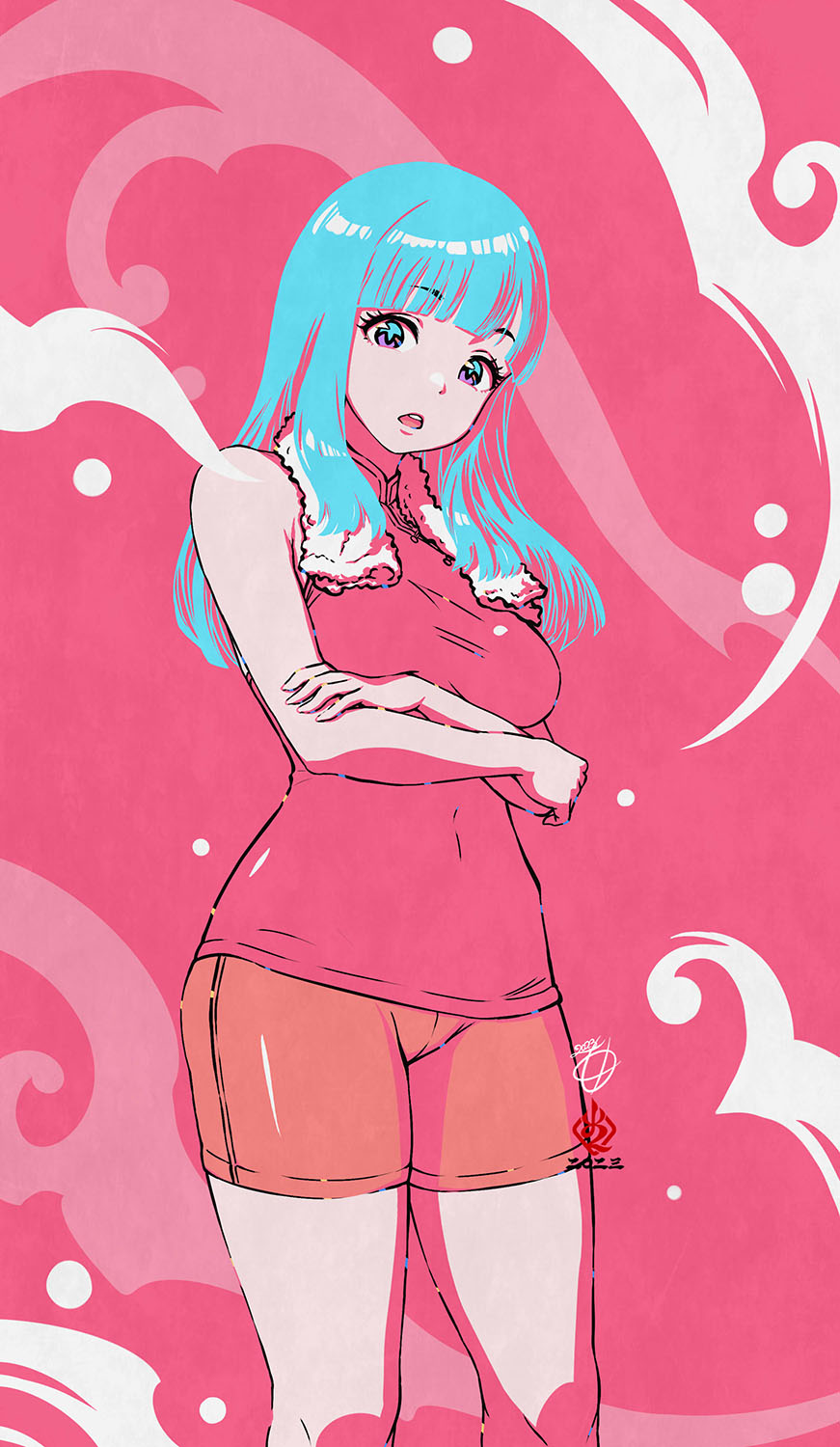 1girl aqua_eyes aqua_hair bike_shorts blunt_bangs breasts chinese_clothes commentary_request covered_navel crossed_arms dragon_ball dragonball_z floating_hair highres kanchiyo large_breasts limited_palette long_hair looking_at_viewer maron_(dragon_ball) multicolored_eyes open_mouth pink_background purple_eyes signature solo towel towel_around_neck
