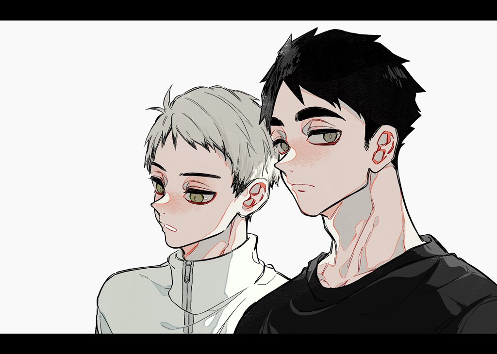 2boys adam&#039;s_apple black_hair black_shirt closed_mouth coco_(238243) colored_tips commentary crew_neck frown grey_eyes grey_hair haikyuu!! jacket kita_shinsuke letterboxed looking_down looking_to_the_side male_focus miya_osamu multicolored_hair multiple_boys parted_bangs parted_lips shirt sideways_glance simple_background thick_eyebrows upper_body white_background white_jacket zipper zipper_pull_tab