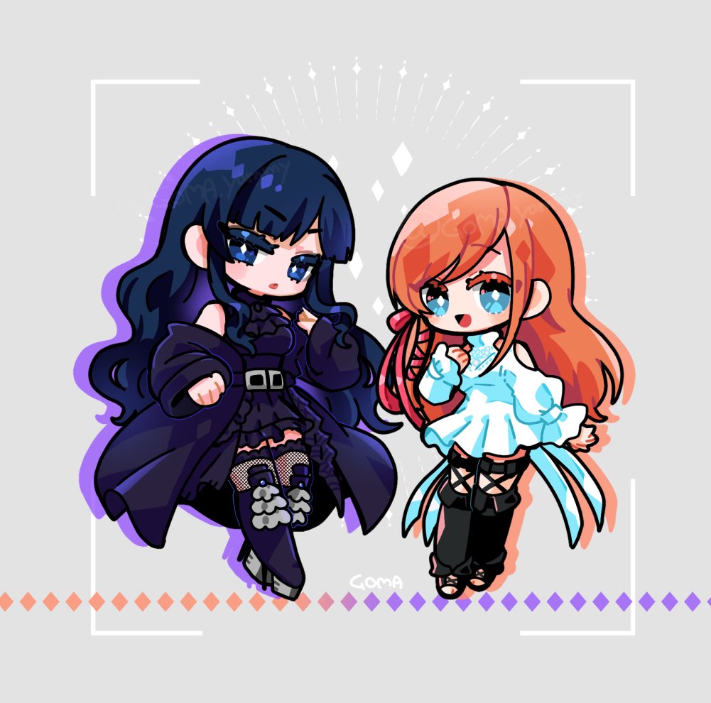 2girls aqua_eyes black_boots black_dress black_hair black_jacket blue_eyes boots breasts chibi chibi_only clothing_cutout dress final_fantasy final_fantasy_xiv fishnet_thighhighs fishnets full_body gaia_(ff14) goma_yammy grey_background hair_ribbon jacket jacket_partially_removed medium_breasts multiple_girls open_mouth orange_hair parted_lips pink_ribbon puffy_sleeves ribbon ryne_waters shoulder_cutout smile thighhighs twitter_username white_dress