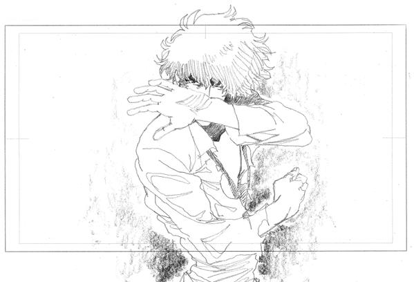 1990s_(style) 1boy cowboy_bebop fighting_stance male_focus md5_mismatch monochrome nakamura_yutaka resized sketch solo spike_spiegel