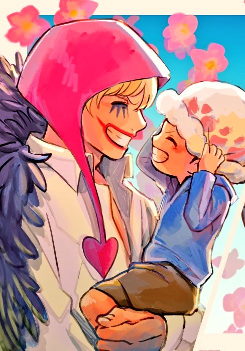 2boys ^_^ blonde_hair blue_shirt blue_sky blush carrying carrying_person closed_eyes collared_shirt commentary_request donquixote_rocinante feathered_cape flower hat magu_pink makeup male_focus multiple_boys one_piece pink_flower pink_hood profile shirt shorts sky trafalgar_law white_shirt