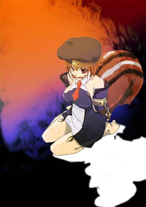 1girl arc_system_works arms_behind_back bare_shoulders barefoot bdsm beret bit_gag blazblue blazblue:_continuum_shift bondage bound breasts brown_eyes brown_hair cosplay dress female_focus gag gagged hat large_breasts makoto_nanaya necktie noel_vermillion noel_vermillion_(cosplay) seiza short_dress short_hair sitting solo squirrel_tail tail uniform zone_rr