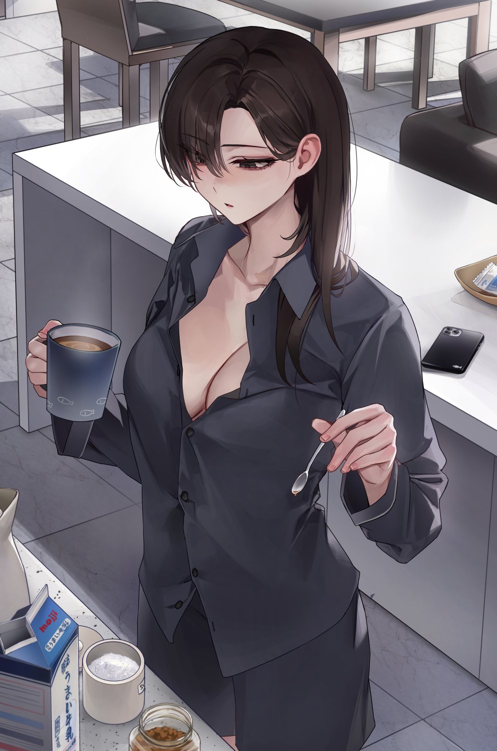 1girl black_eyes black_shirt black_shorts breasts brown_hair cellphone cleavage coffee_mug collarbone collared_shirt commentary_request cup granulated_sugar highres holding holding_cup holding_spoon large_breasts long_hair milk_carton mug original pajamas phone sabotensuteeki shirt shorts smartphone solo spoon