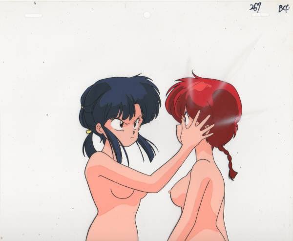 2girls angry black_hair breasts cel large_breasts multiple_girls nipples nude ponytail ranma-chan ranma_1/2 red_hair slapping tendou_akane