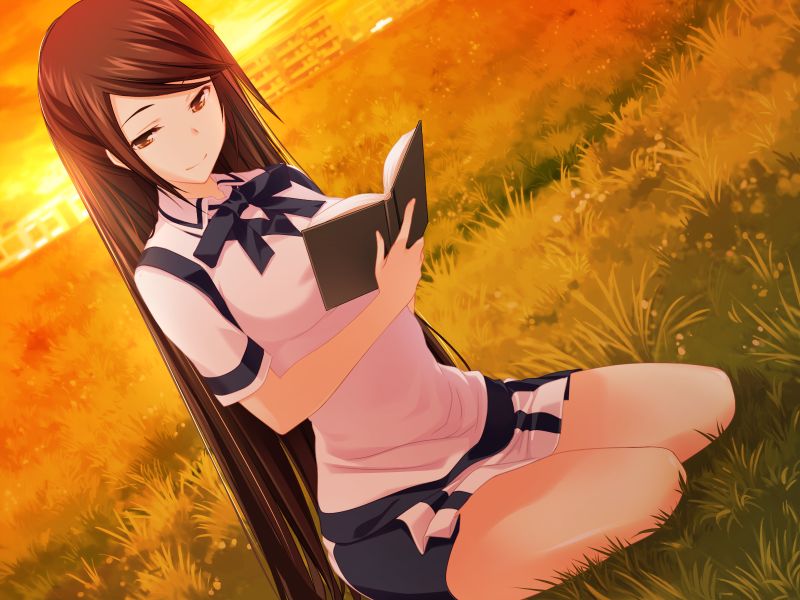 1girl bare_legs black_ribbon black_skirt brown_hair closed_mouth game_cg grass half-closed_eyes hazakura_seiso holding kawagishi_keitarou kawakami_academy_school_uniform long_hair maji_de_watashi_ni_koi_shinasai! miniskirt neck_ribbon reading ribbon school_uniform shiny_skin shirt short_sleeves sitting skirt smile solo straight_hair sunset sweater sweater_vest swept_bangs two-tone_skirt very_long_hair white_shirt white_skirt white_sweater yellow_eyes