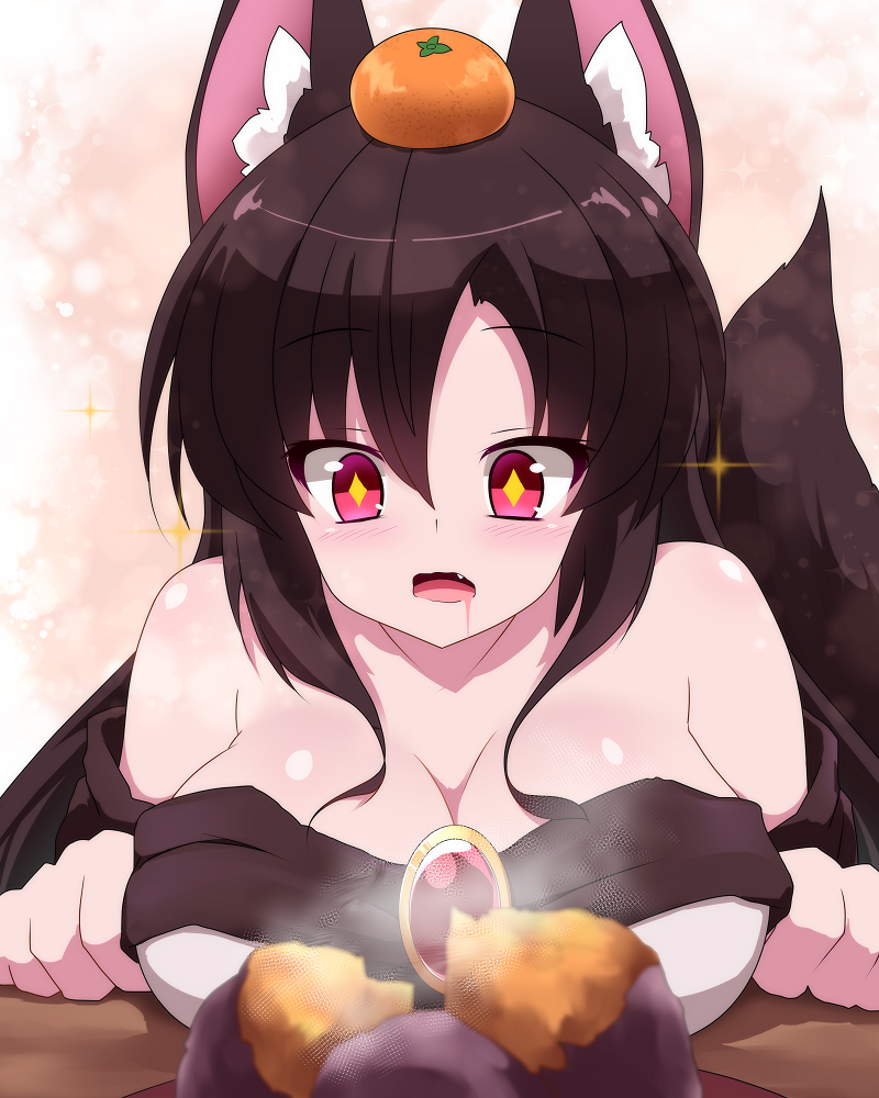 +_+ 1girl animal_ears blush breasts brown_hair cleavage commentary_request drooling fang food fruit imaizumi_kagerou large_breasts long_hair mandarin_orange off-shoulder_shirt off_shoulder open_mouth red_brooch red_eyes roasted_sweet_potato saliva shirt sivamaron smile solo sweet_potato tail touhou upper_body white_shirt wolf_ears wolf_girl wolf_tail
