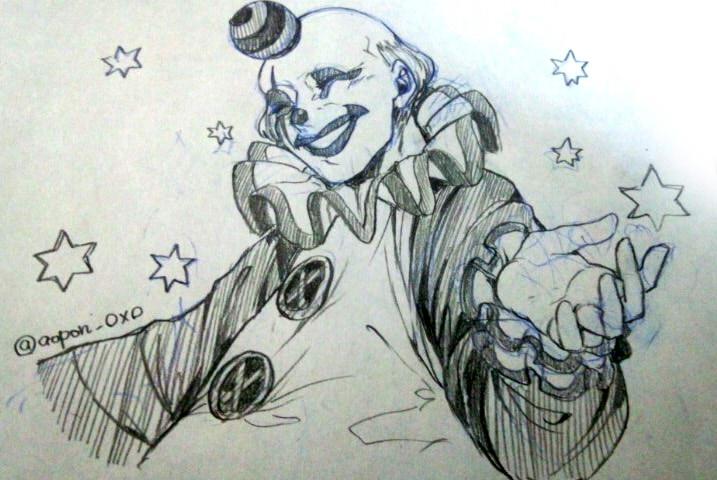 1boy ^_^ aopon16 arm_at_side baggy_clothes balding buttons closed_eyes clown collared_shirt commentary_request cropped_torso curled_fingers d.gray-man frilled_sleeves frills gloves grin hand_up hat long_sleeves makeup male_focus mana_walker monochrome open_hand pen_(medium) photo_(medium) puffy_sleeves shirt short_hair shrugging sketch smile solo star_(symbol) traditional_media twitter_username two-tone_hat