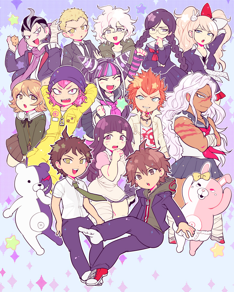 10s 5girls 6+boys bad_id bad_pixiv_id blonde_hair blue_eyes bow braid brown_eyes brown_hair cham-p chuunibyou danganronpa:_trigger_happy_havoc danganronpa_(series) danganronpa_2:_goodbye_despair dark_skin ear_bow enoshima_junko freckles fujisaki_chihiro fukawa_toko glasses green_eyes grey_eyes hamster heterochromia hinata_hajime hood hoodie jumpsuit komaeda_nagito kuwata_leon kuzuryu_fuyuhiko medo_kyun mioda_ibuki monokuma monomi_(danganronpa) multicolored_hair multiple_boys multiple_girls muscular muscular_female naegi_makoto necktie ogami_sakura orange_hair pink_eyes pink_hair purple_eyes purple_hair red_eyes scar scarf school_uniform serafuku sharp_teeth shoes single_shoe soda_kazuichi sparkle star_(symbol) tanaka_gundam tanaka_gundham teeth trap tsumiki_mikan twin_braids twintails white_hair