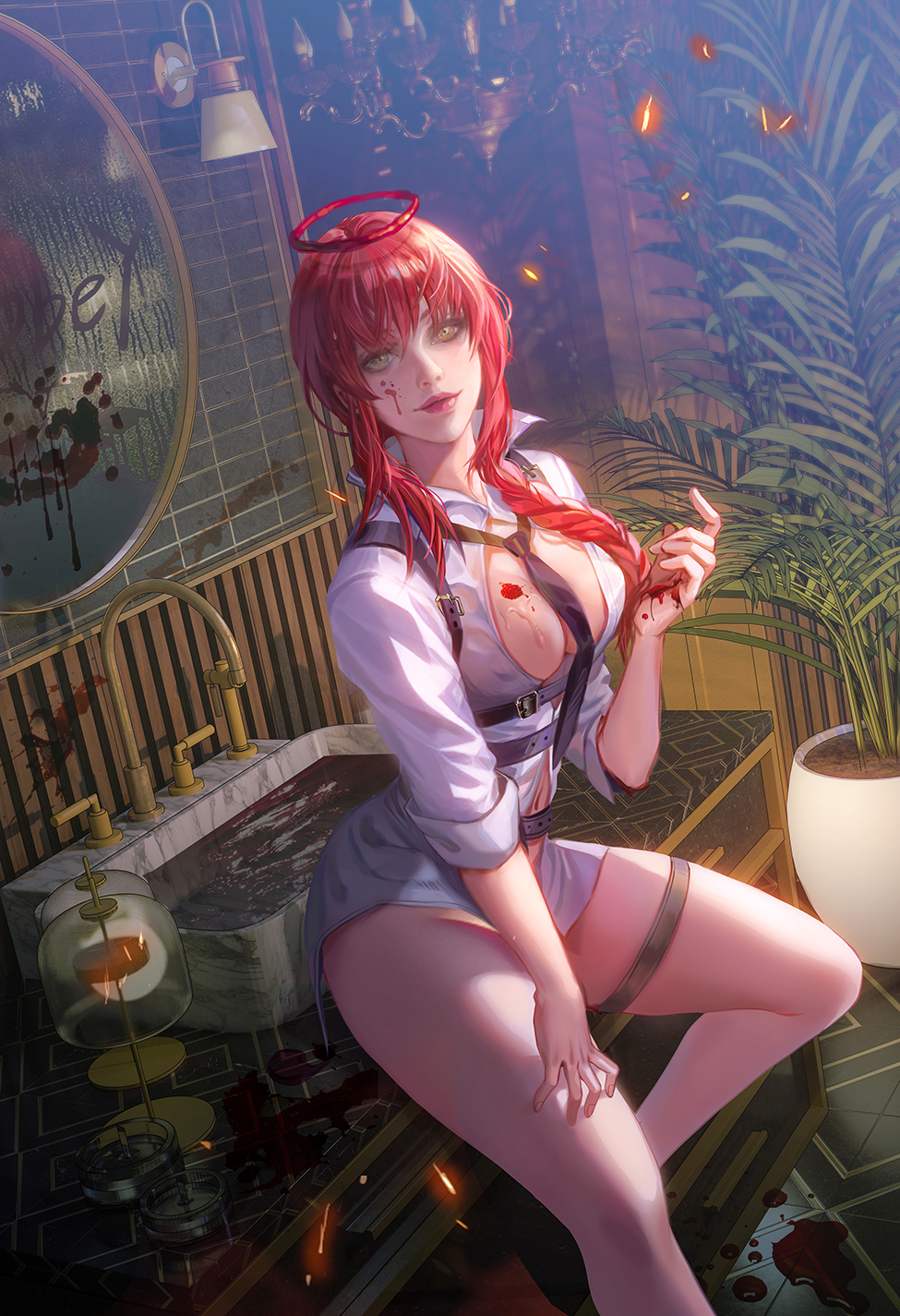 1girl asymmetrical_hair bathroom between_breasts black_necktie blood blood_halo blood_splatter braid braided_ponytail breasts chainsaw_man cleavage commentary covered_erect_nipples dutch_angle english_commentary fan_yang_(jiuge) green_eyes hair_over_shoulder halo highres liquid_halo long_hair looking_at_viewer makeup makima_(chainsaw_man) mascara medium_breasts messy naked_shirt necktie necktie_between_breasts no_pants pale_skin partially_unbuttoned red_hair red_halo red_lips shirt side_braid sink sitting solo suggestive_fluid suspenders thigh_strap thighs white_shirt