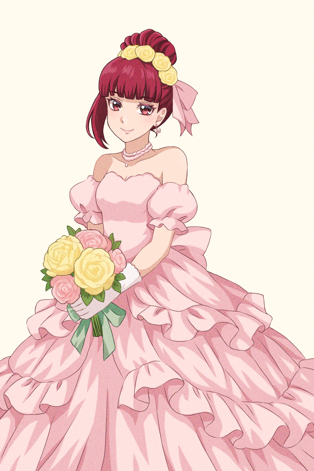1girl alternate_costume alternate_hairstyle b_eaka bare_shoulders bleach blunt_bangs bouquet breasts cleavage closed_mouth collarbone commentary detached_sleeves dokugamine_riruka dress earrings eyelashes feet_out_of_frame film_grain flower frilled_dress frills gloves hair_bun hair_flower hair_ornament hair_ribbon happy highres holding holding_bouquet jewelry leaf long_dress looking_at_viewer medium_hair necklace pink_dress pink_flower pink_lips pink_ribbon pink_rose puffy_short_sleeves puffy_sleeves red_eyes ribbon rose short_sleeves simple_background single_hair_bun single_sidelock small_breasts smile solo standing strapless strapless_dress wedding_dress white_gloves yellow_background yellow_flower yellow_rose