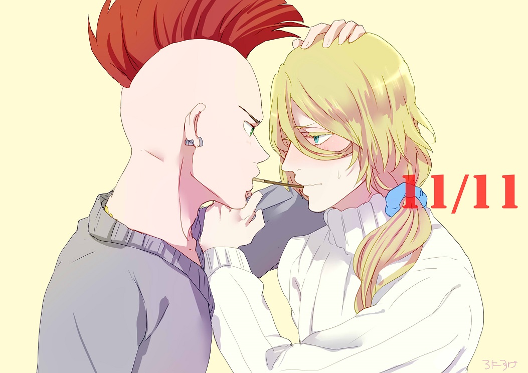 2boys artist_name bad_id bad_pixiv_id bald bazz-b bleach blonde_hair blue_eyes blush dated earrings food green_eyes jewelry jugram_haschwalth long_hair male_focus mohawk multiple_boys necklace pocky pocky_day pocky_kiss red_hair ronisuke shared_food simple_background upper_body yaoi yellow_background