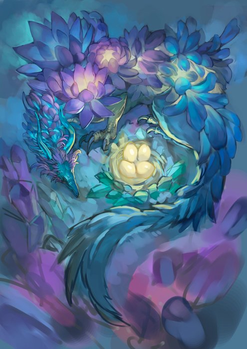 animal_focus blue_horns claws crystal dragon egg flower from_above full_body glowing growing_out_of_body horns material_growth monster nablange nest no_humans original pink_flower scales solo tail