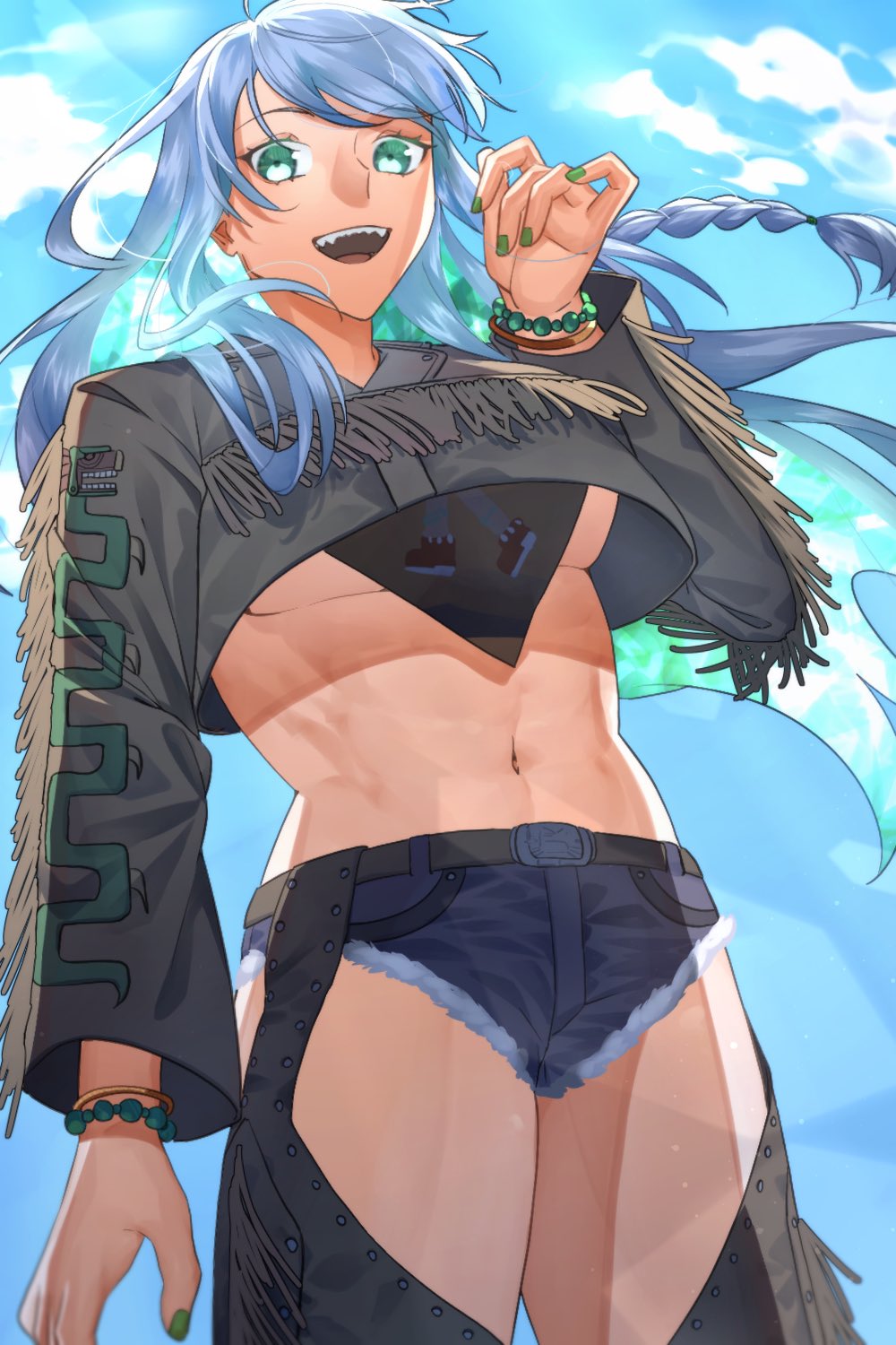 1girl belt belt_buckle blue_hair bracelet braid breasts buckle chaps colored_inner_hair crop_top denim denim_shorts fate/grand_order fate_(series) fringe_trim green_eyes green_hair green_nails hamanekoko highres jewelry kukulkan_(fate) kukulkan_(first_ascension)_(fate) large_breasts medium_breasts midriff multicolored_hair nail_polish navel open_mouth short_shorts shorts smile solo teeth thighhighs underboob upper_body upper_teeth_only