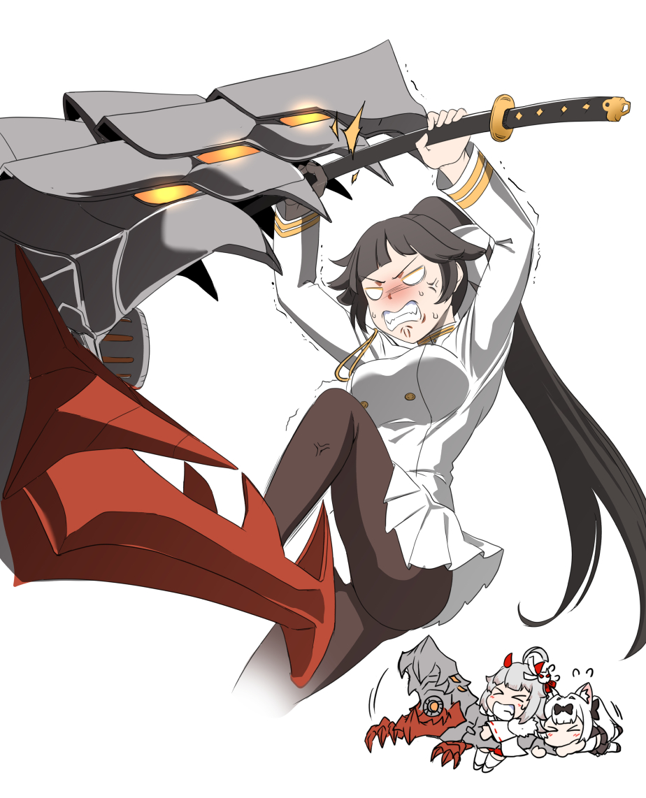 3girls anger_vein ass azur_lane black_bow black_hair black_skirt bow breasts brown_pantyhose godzilla_(series) godzilla_minus_one hair_bow hibiki_(azur_lane) holding holding_sword holding_weapon jacket large_breasts long_hair long_sleeves military_uniform miniskirt multiple_girls naval_uniform non-humanoid_robot pantyhose pleated_skirt ponytail robot robot_dragon sheath sheathed simple_background skirt steed_(steed_enterprise) sword takao_(azur_lane) very_long_hair weapon white_background white_hair white_jacket white_skirt yukikaze_(azur_lane)