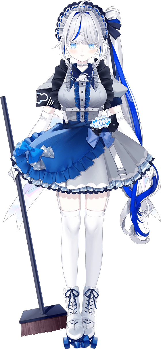 1girl aokumo_rin aqua_eyes blue_hair blue_skirt center_frills closed_mouth cloud_hair_ornament elbow_gloves frills full_body garter_straps gloves highres holding holding_mop long_hair looking_at_viewer maid maid_headdress misumi_(macaroni) mop multicolored_hair official_art roller_skates short_sleeves skates skirt smile solo standing stellive streaked_hair thighhighs transparent_background virtual_youtuber white_gloves white_hair white_thighhighs zettai_ryouiki