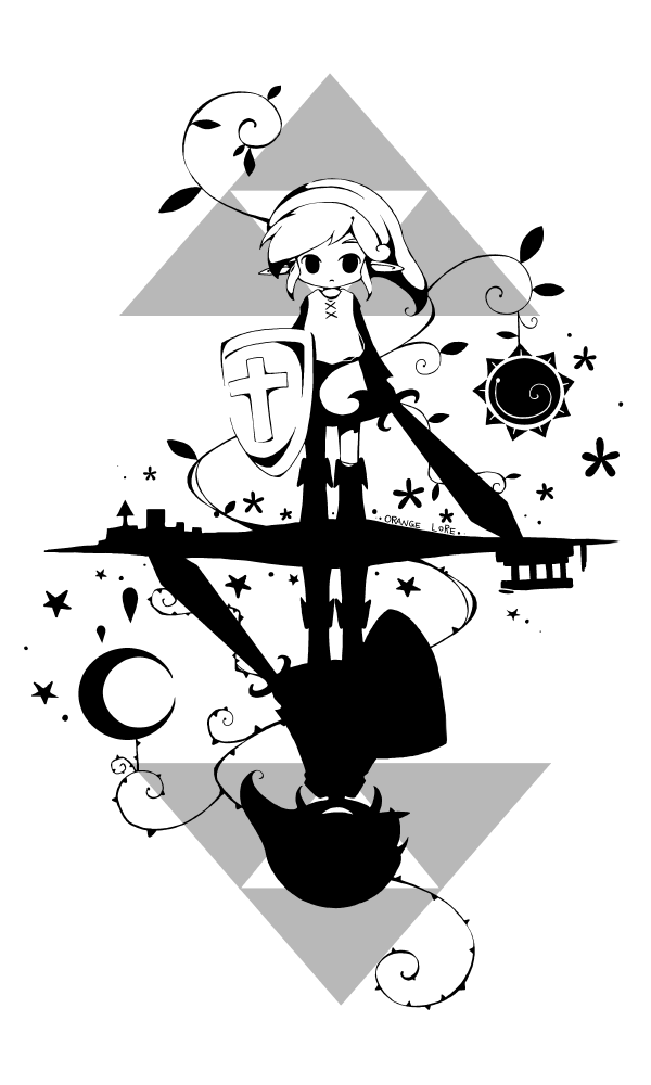 2boys crescent dark_link different_reflection evil_grin evil_smile frown greyscale grin hat holding holding_shield holding_sword holding_weapon link male_focus monochrome multiple_boys nintendo orange_lore pointy_ears reflection shadow_link shield sidelocks signature smile standing star_(symbol) sun_symbol sword the_legend_of_zelda triforce tunic weapon zelda_ii:_the_adventure_of_link