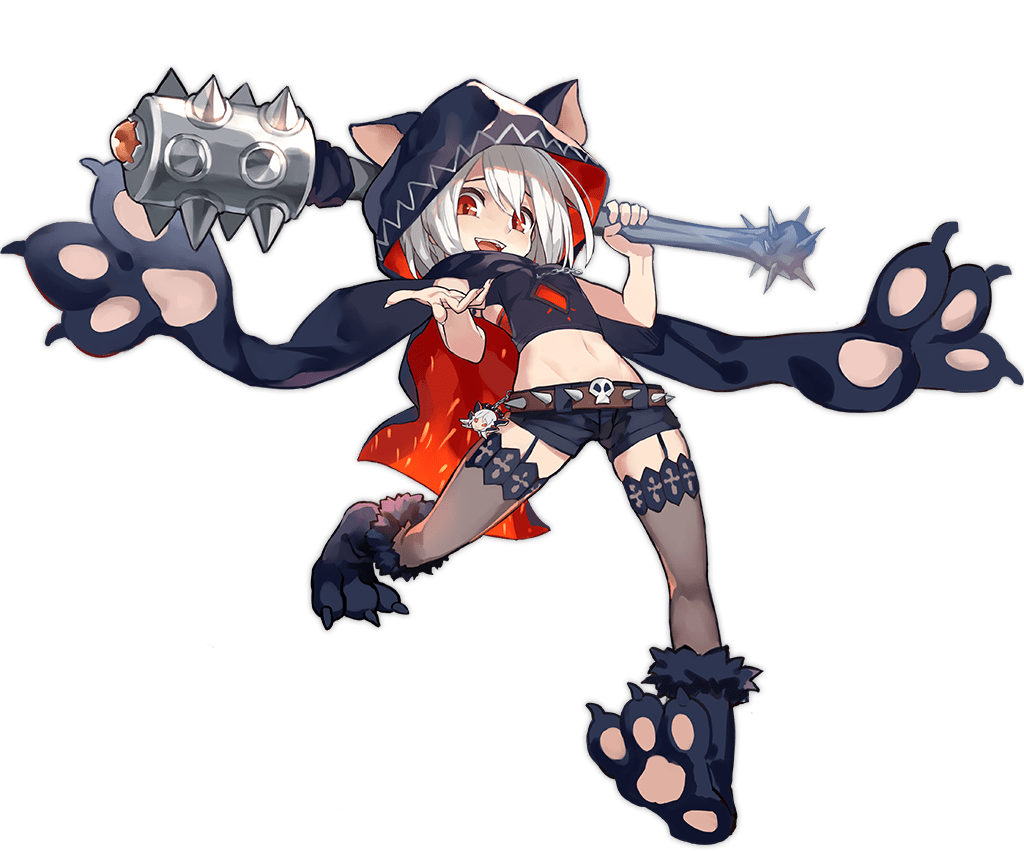 1girl animal_ears animal_hood ark_order belt black_cape black_scarf black_shirt black_shoes black_shorts cape cerberus_(ark_order) chain club_(weapon) cuffs dog_ears fake_animal_ears full_body fur-trimmed_shoes fur_trim garter_straps hades_(ark_order) holding holding_weapon hood hood_up hooded_cape kzhu looking_at_viewer official_art paw_shoes pawpads red_eyes scarf shirt shoes short_hair shorts skull solo spiked_belt tachi-e thighhighs transparent_background weapon white_hair wrist_cuffs