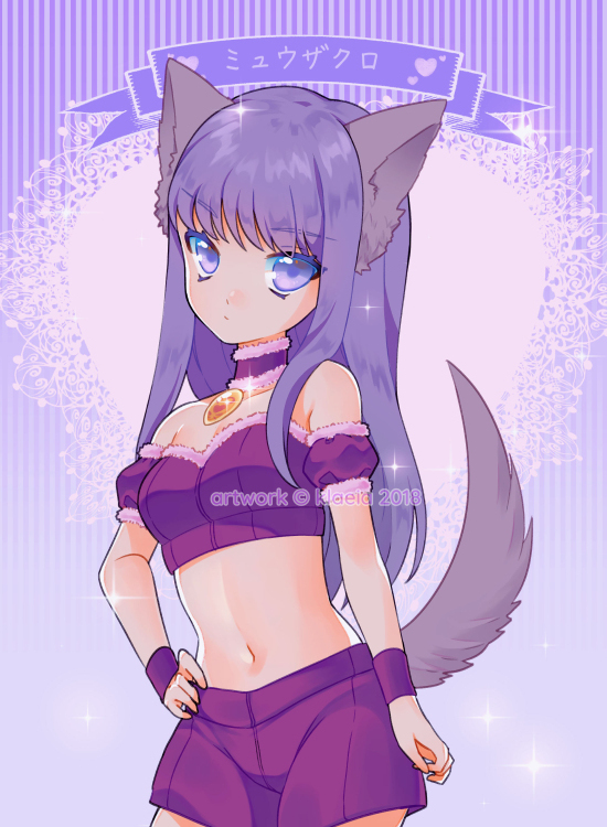 1girl animal_ears breasts character_name closed_mouth collar commentary cowboy_shot detached_sleeves english_commentary fujiwara_zakuro heart jewelry klaeia linea_alba looking_at_viewer magical_girl mew_zakuro navel pendant puffy_detached_sleeves puffy_sleeves purple_collar purple_eyes purple_hair purple_shorts shorts small_breasts solo sparkle tail tokyo_mew_mew wolf_ears wolf_girl wolf_tail