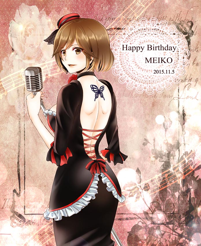 2015 backless_dress backless_outfit black_dress blush breasts brown_eyes brown_hair bug butterfly character_name dated dress from_behind happy_birthday holding holding_microphone_stand insect kisaragitsubasa large_breasts meiko_(lorelei)_(vocaloid) meiko_(vocaloid) microphone_stand open_mouth red_headwear short_hair shoulder_blades sideboob vocaloid