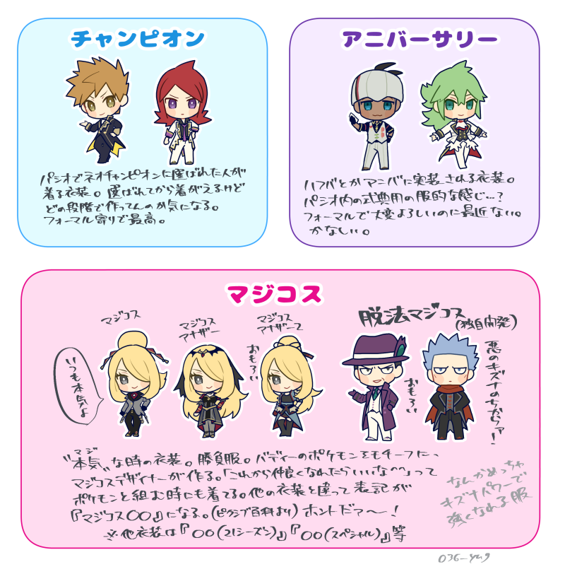 1girl 6+boys black_pants blonde_hair blue_oak blue_oak_(champion) bright_pupils brown_hair chibi closed_mouth coat commentary_request cowlick cynthia_(pokemon) cynthia_(sygna_suit)_(aura)_(pokemon) cynthia_(sygna_suit)_(pokemon) cynthia_(sygna_suit)_(renegade)_(pokemon) cyrus_(pokemon) cyrus_(sygna_suit)_(pokemon) eyelashes giovanni_(pokemon) giovanni_(sygna_suit)_(pokemon) gloves green_hair grey_eyes grey_headband grey_jacket hair_bun hair_over_one_eye hand_on_own_hip hand_up hat headband holding jacket long_hair long_sleeves looking_at_viewer multiple_boys n_(anniversary_2021)_(pokemon) n_(pokemon) nintendo official_alternate_costume open_clothes open_coat pants pokemon pokemon_masters_ex purple_coat purple_eyes purple_hat raihan_(anniversary_2022)_(pokemon) raihan_(pokemon) red_hair red_scarf scarf short_hair silver_(champion)_(pokemon) silver_(pokemon) smile spiked_hair standing translation_request vest white_pants white_pupils white_vest y_(036_yng)