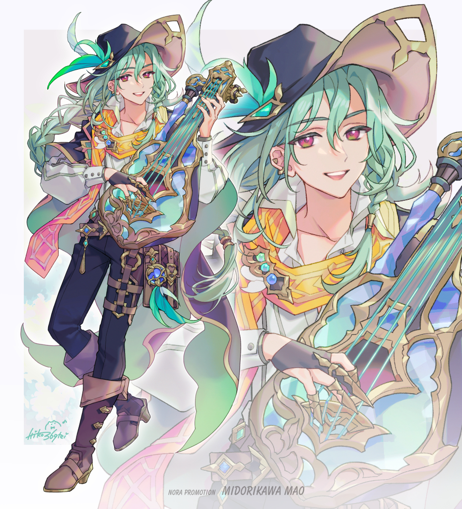 1boy :d aqua_hair bard belt belt_pouch black_gloves black_hat black_pants border braid brown_belt brown_footwear cape character_name claw_ring collared_shirt ear_piercing fold-over_boots full_body gloves green_cape hair_between_eyes hat hat_feather holding holding_instrument ichiko_milk_tei instrument iriam long_hair long_sleeves low-braided_long_hair low-tied_long_hair lute_(instrument) male_focus midorikawa_mao official_art open_collar open_mouth outside_border pants partially_fingerless_gloves piercing pink_eyes pouch puffy_long_sleeves puffy_sleeves purple_cape scarf shirt side_braid single_glove smile solo standing teeth thigh_strap two-sided_cape two-sided_fabric upper_teeth_only virtual_youtuber white_border white_shirt yellow_scarf zoom_layer