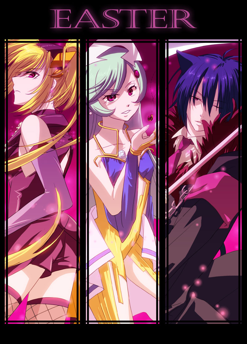 animal_ears black_background black_jacket black_lynx black_shirt black_shorts blonde_hair cat_boy cat_ears dark_jewel dream_dream dress fishnet_thighhighs fishnets gloves grey_gloves grey_hair hoshina_utau jacket long_hair lulu_de_morcerf nibaji purple_background purple_eyes purple_hair shirt short_hair shorts shugo_chara! thighhighs tsukiyomi_ikuto