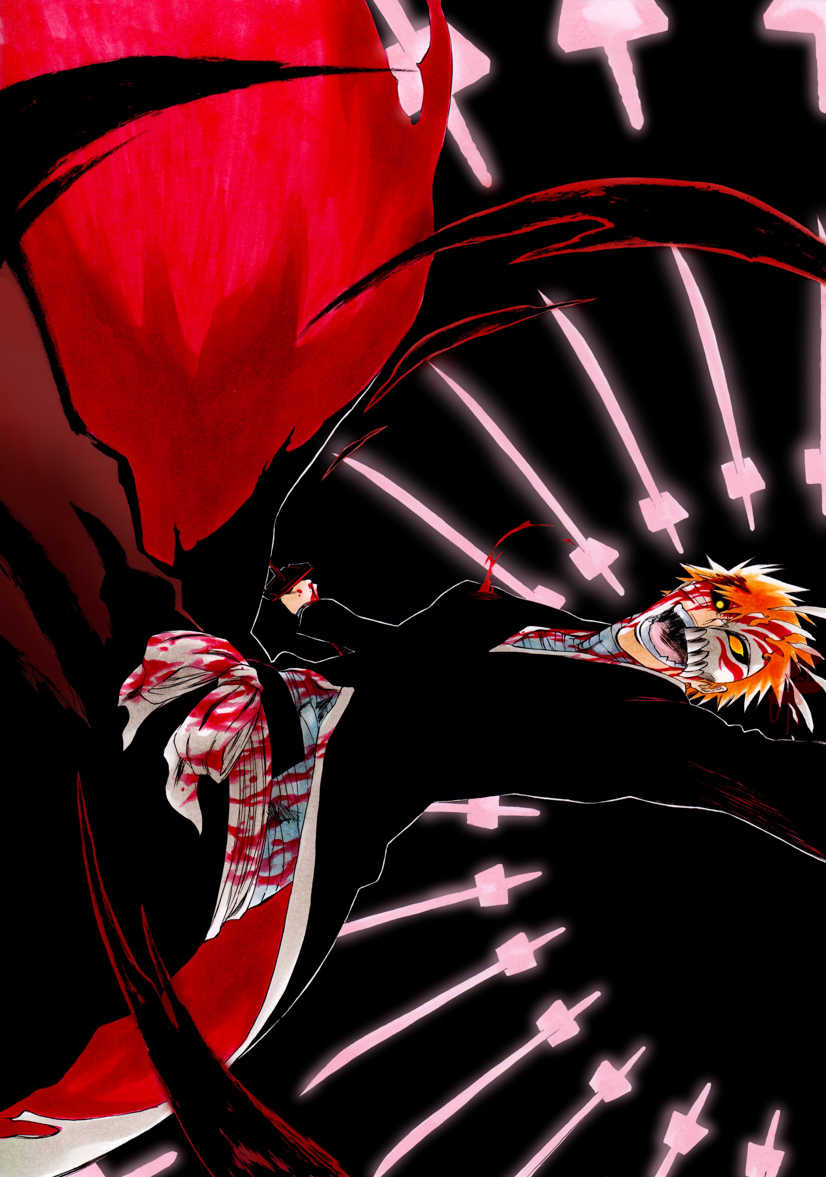 1boy absurdres bandage_on_face bandaged_chest bandages bankai black_hakama black_sclera bleach blood blood_on_clothes blood_on_face colored_sclera evil_smile floating floating_object floating_sword floating_weapon glowing glowing_eyes hair_between_eyes hakama half_mask highres hollow_ichigo hollow_mask japanese_clothes ken'ichi_(ken1ro_u) kurosaki_ichigo long_sleeves looking_at_viewer male_focus mask obi open_mouth orange_hair sash senbonzakura_kageyoshi_(bankai) smile solo sword teeth tensa_zangetsu_(bankai) weapon yellow_eyes