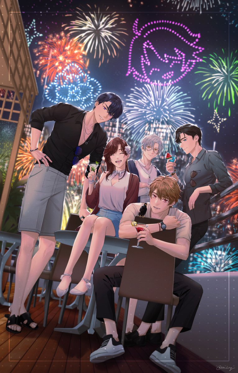1girl 4boys :d anniversary artem_wing_(tears_of_themis) black_pants black_shirt blue_skirt brown_eyes brown_hair brown_jacket casual chair city_lights closed_eyes cocktail collared_shirt commentary cup davis_(tears_of_themis) english_commentary fireworks flower full_body glasses grey_shirt grey_shorts grin hair_flower hair_ornament hand_on_own_hip highres holding holding_cup jacket long_hair looking_at_viewer luke_pearce_(tears_of_themis) marius_von_hagen_(tears_of_themis) multiple_boys night night_sky open_mouth pants purple_hair rosa_(tears_of_themis) sandals shirt short_hair short_sleeves shorts sitting skirt sky smile standing sunglasses table tears_of_themis teeth vyn_richter_(tears_of_themis) watch white_flower white_footwear white_hair white_shirt wristwatch xeiling yellow_eyes