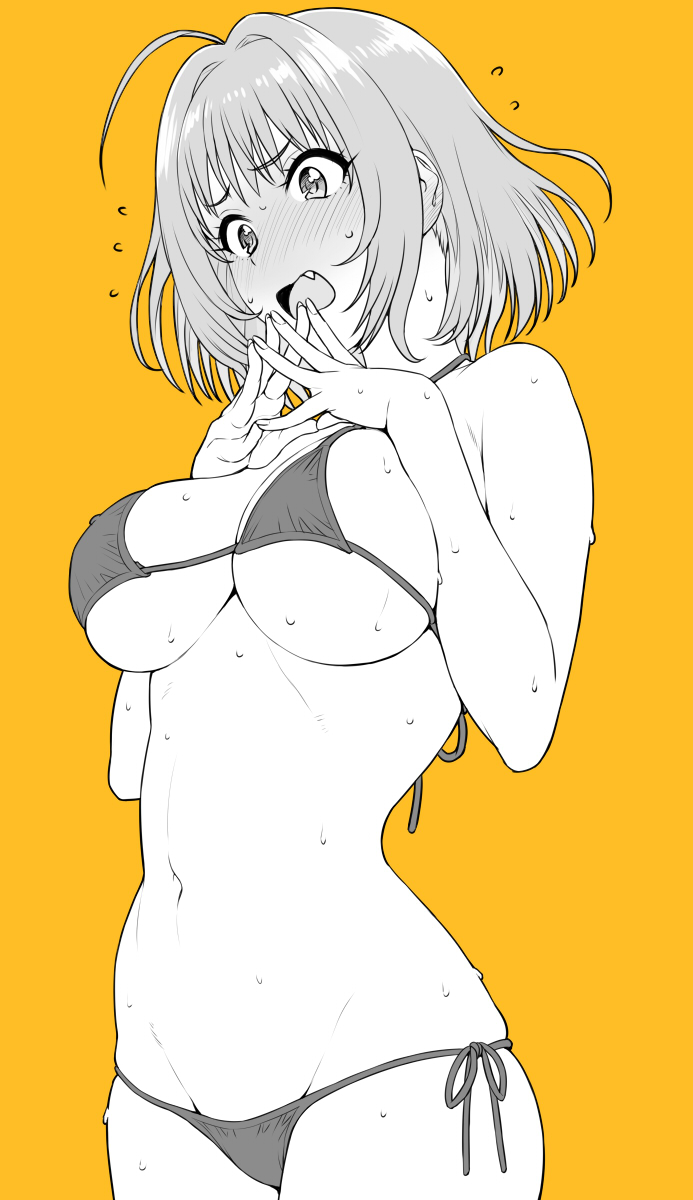 1girl ahoge bikini blush breasts commentary_request cowboy_shot ear_blush embarrassed fang female_focus fingers_together flying_sweatdrops highres idolmaster idolmaster_cinderella_girls large_breasts lowleg lowleg_bikini monochrome nigou open_mouth own_hands_together short_hair side-tie_bikini_bottom simple_background solo string_bikini swimsuit underboob yellow_background yumemi_riamu