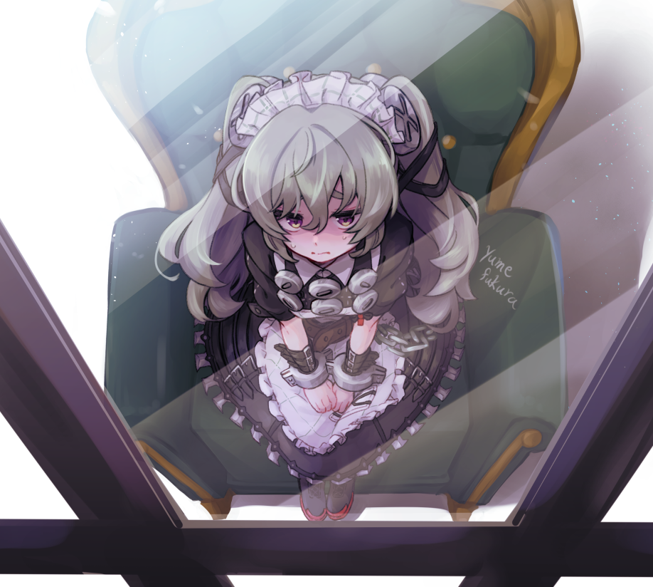1girl apron artist_name black_dress black_shoes commentary_request corin_wickes couch cuffs dress from_above full_body green_hair hair_between_eyes long_hair looking_at_viewer maid maid_apron maid_headdress on_couch puffy_short_sleeves puffy_sleeves purple_eyes screw_hair_ornament shoes short_sleeves sitting solo sweat twintails white_apron window yumefukura zenless_zone_zero