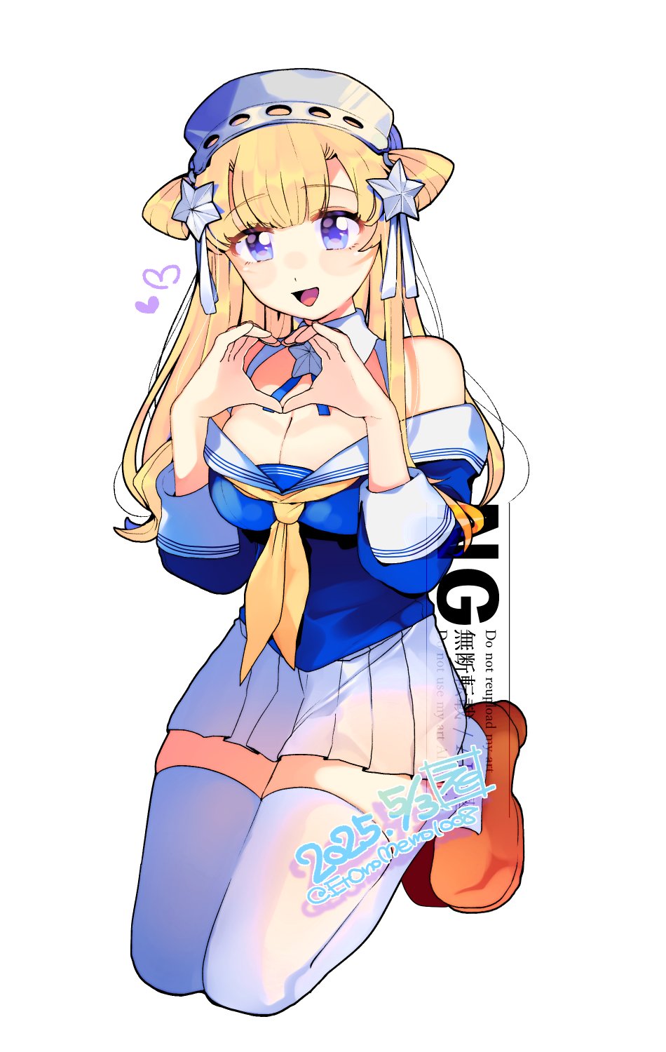 blue_sailor_collar blue_shirt breasts brown_shoes cleavage collar double_bun eto_(etonomemo1008) fletcher_(kancolle) fletcher_kai_(kancolle) folded_hair full_body hair_bun hair_ornament heart heart_hands highres kantai_collection large_breasts looking_at_viewer metal_hairband neckerchief off-shoulder_shirt off_shoulder pleated_skirt sailor_collar sailor_shirt shirt shoes skirt star_(symbol) star_hair_ornament star_ornament thighhighs white_sailor_collar white_skirt white_thighhighs yellow_neckerchief