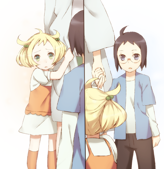 10s 1boy 2girls aged_down professor_juniper bianca_(pokemon) blonde_hair blue_hair cheren_(pokemon) child from_behind glasses hair_bobbles hair_ornament holding_hands lab_coat looking_at_another multiple_girls nintendo over-the-shoulder perspective pokemon pokemon_bw weee_(raemz)
