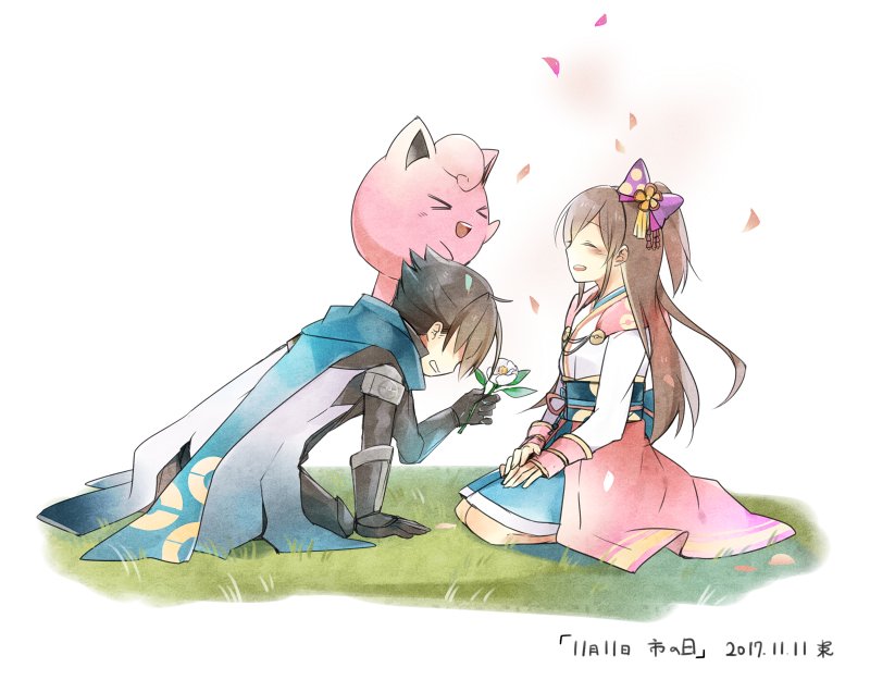 &gt;_&lt; armor black_hair blush brown_hair closed_eyes creatures_(company) flower game_freak gen_1_pokemon grass hair_over_eyes hair_ribbon holding holding_flower japanese_clothes jigglypuff kimono kneeling long_hair nintendo obi oichi oichi_(pokemon_conquest) oichi_(sengoku_musou) on_head poke_ball_print pokemon pokemon_(creature) pokemon_conquest pokemon_on_head ribbon sash scarf sengoku_musou smile source_request toudou_takatora_(sengoku_musou)