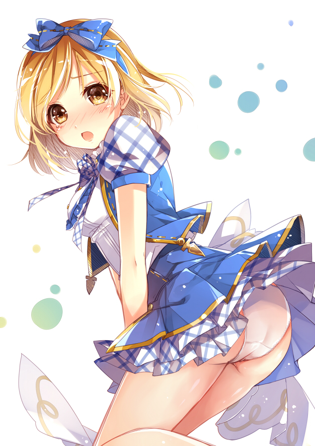 10s 1girl alternate_costume ass bare_legs blonde_hair blue_bow blue_hairband blush bow breasts commentary_request djeeta_(granblue_fantasy) female_focus granblue_fantasy hair_bow hairband kimi_to_boku_no_mirai looking_at_viewer medium_breasts mochizuki_shiina open_mouth panties puffy_short_sleeves puffy_sleeves short_hair short_sleeves skirt solo underwear white_panties yellow_eyes