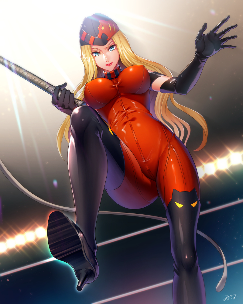 10s 1girl animal_ear_legwear black_boots black_gloves black_thighhighs blonde_hair blue_eyes boots cat_ear_legwear cat_ear_thighhighs cat_thighhighs elbow_gloves female_focus gloves hat high_heel_boots high_heels lipstick long_hair makeup milcho miss_x_(tiger_mask) solo thigh_boots thighhighs tiger_mask_(series) tiger_mask_w whip