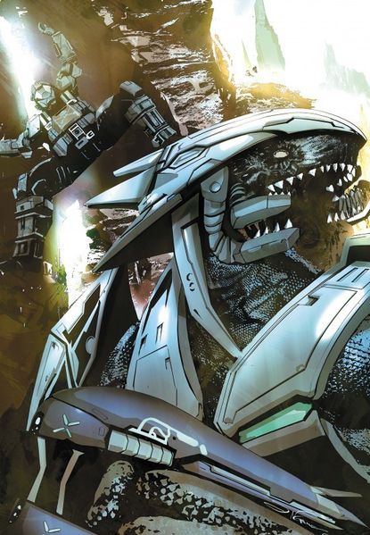 ambush dutch_(halo) embush energy_gun halo_(game) halo_(series) halo_3:_odst odst open_mouth plasma_rifle power_suit sangheili teeth weapon