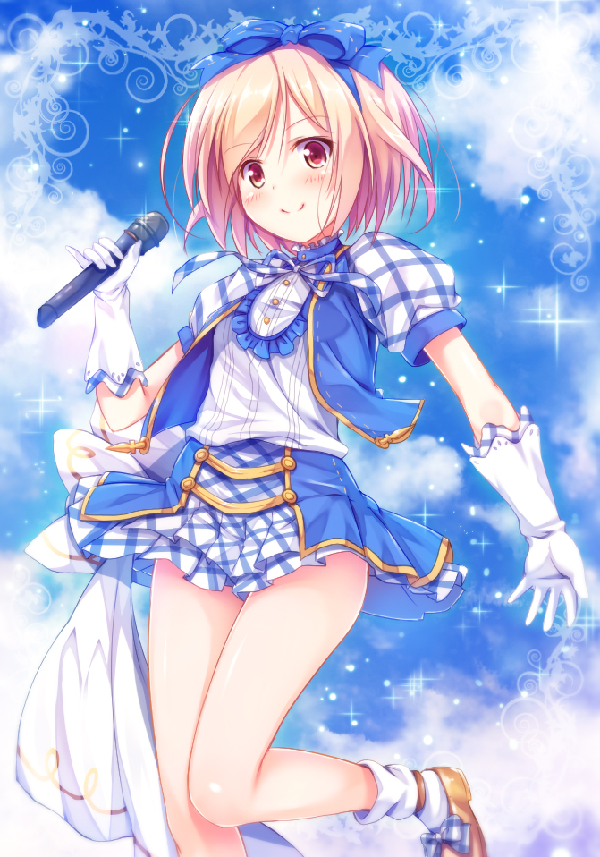 1girl blonde_hair blue_ribbon blue_sky blush bow brown_eyes cloud djeeta_(granblue_fantasy) female_focus footwear_bow gloves granblue_fantasy hair_between_eyes hair_ribbon holding holding_microphone idol kimi_to_boku_no_mirai kusunoki_(escude) layered_skirt leg_up looking_at_viewer microphone miniskirt neck_ribbon pleated_skirt ribbon shiny_skin shoes short_hair short_sleeves skirt sky smile socks solo sparkle standing standing_on_one_leg white_gloves white_socks yellow_shoes