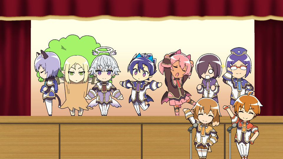 3girls 6+boys adjusting_eyewear angel animal_ears bad_id bad_pixiv_id blonde_hair blue_hair blush cat_boy cat_ears cat_tail chibi closed_eyes demon_boy demon_girl dog_boy dog_ears dog_tail elf erik_burton full_body garrison_cap glasses green_eyes hair_between_eyes hat ledo_vassar light_blue_hair low_wings luke_venus masshiro_world microphone mikakunin_de_shinkoukei monica_grace multiple_boys multiple_girls open_mouth parody pointy_ears pop-up_story purple_eyes revia_serge selim_spark short_hair silver_hair smile tail tree_costume ursula_raiment wings yuuri_lessen ziz_glover