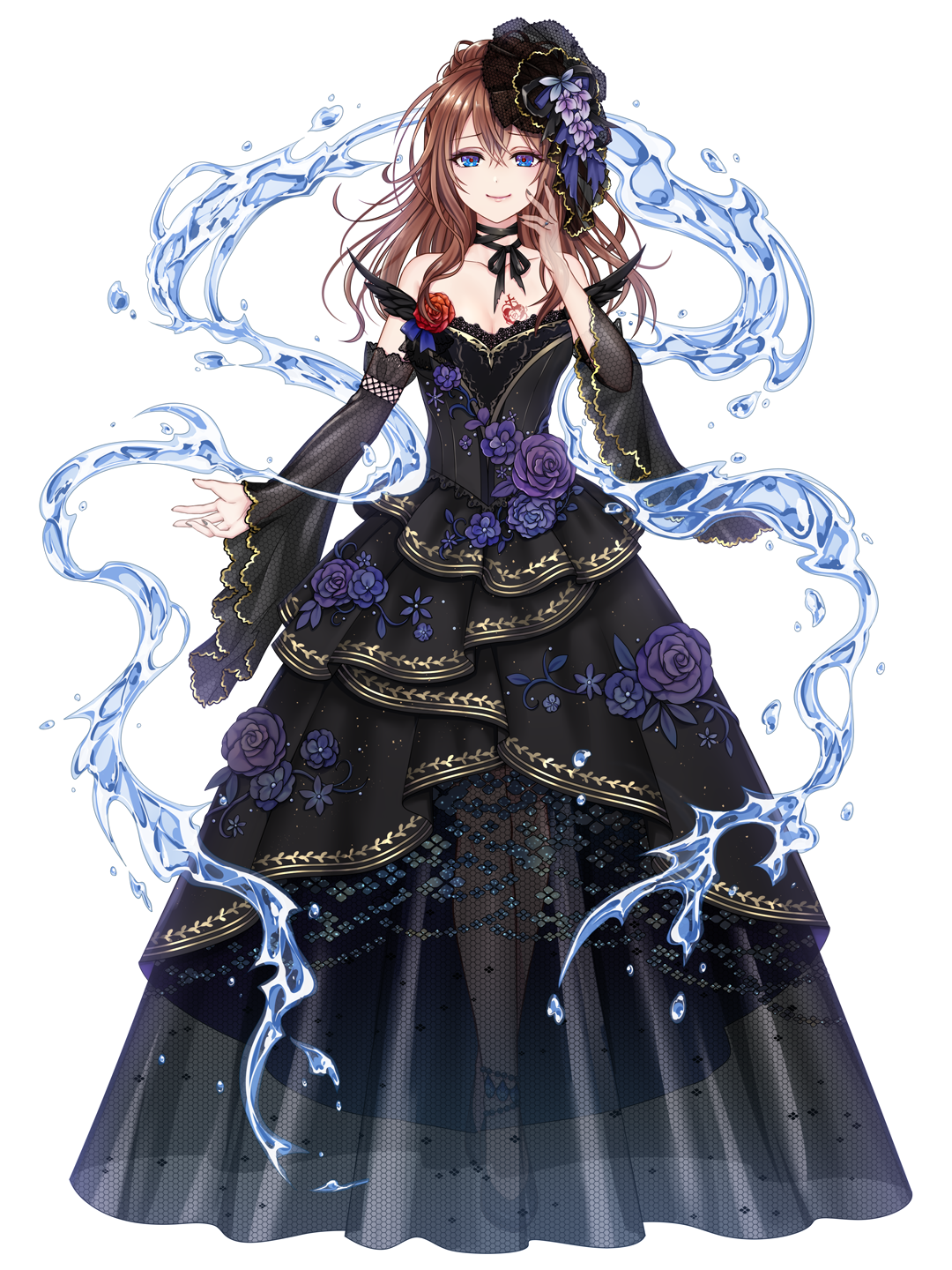1girl amelia_wisteria arm_warmers bare_shoulders black_dress black_hat black_nails blue_eyes brown_hair chest_tattoo dairoku_ryouhei dress fishnet_fabric floral_print flower full_body hair_between_eyes hand_up hat highres jewelry long_hair looking_at_viewer ring solo standing tattoo transparent_background water yamaneko514