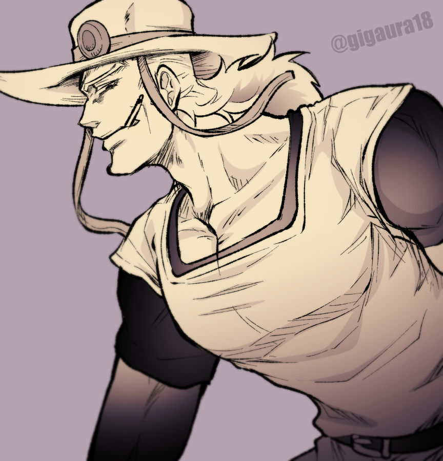 1boy cigarette commentary_request cowboy_hat giga_omega greyscale hat hol_horse jojo_no_kimyou_na_bouken long_hair male_focus monochrome mouth_hold sepia solo stardust_crusaders twitter_username upper_body
