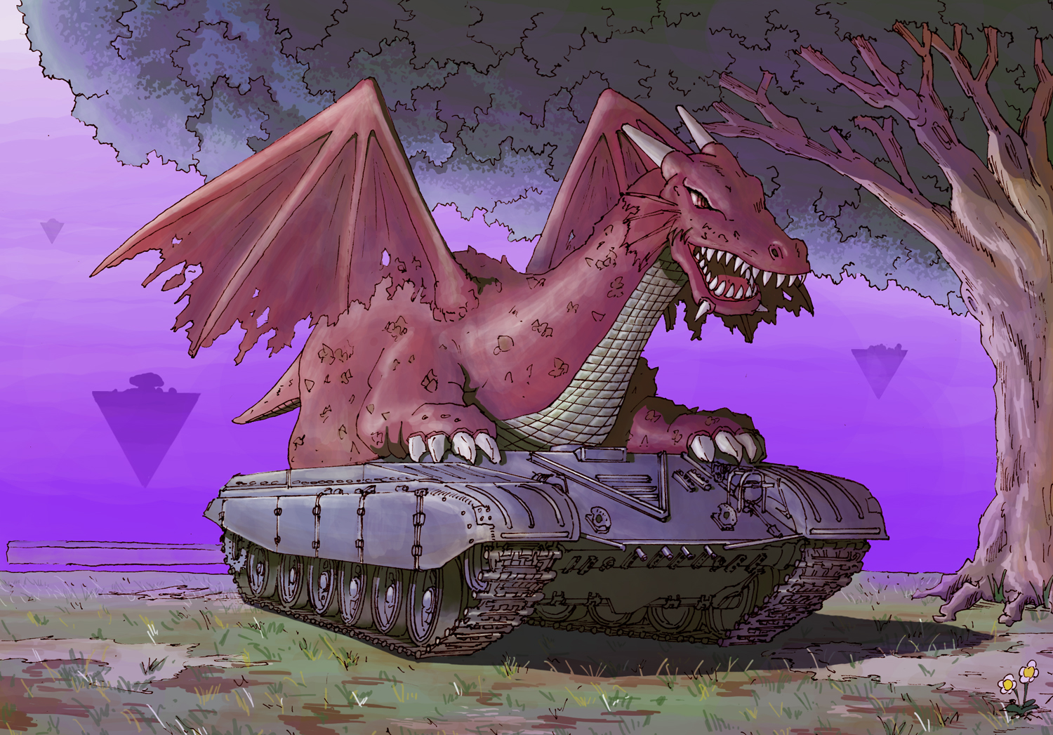 dragon earasensha fantasy floating_island flower grass military military_vehicle motor_vehicle no_humans original t-72 tank tree vehicle_focus