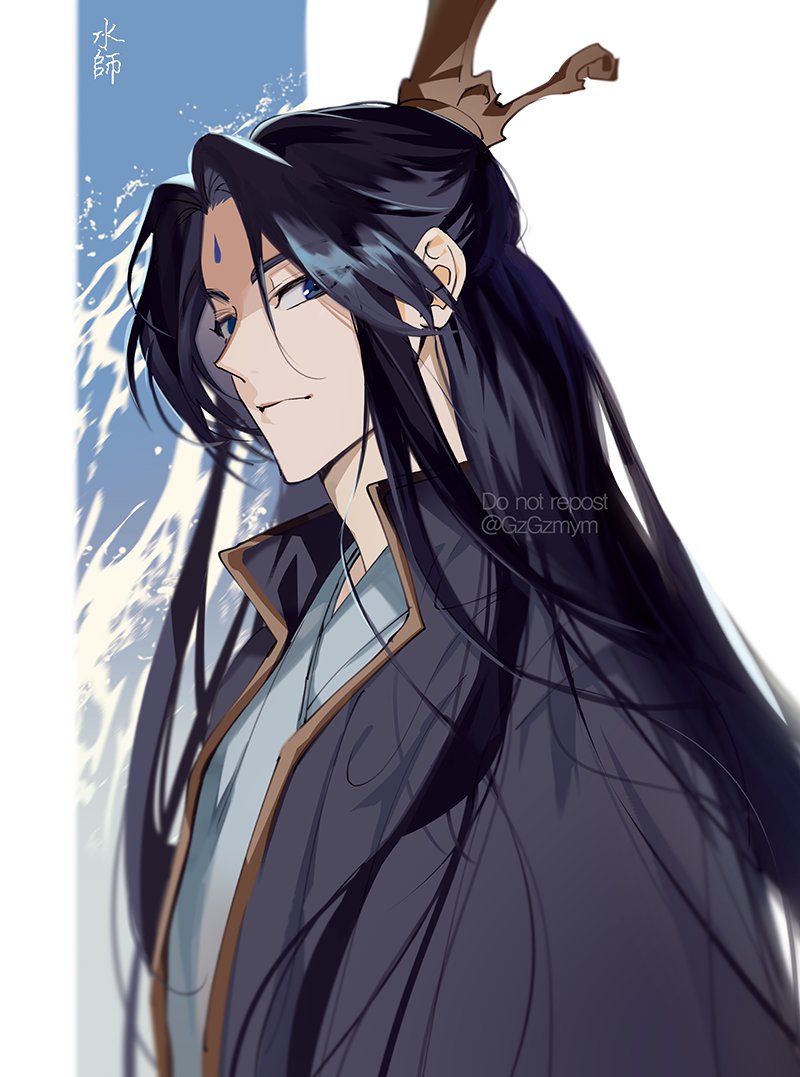 1boy black_eyes black_hair black_hanfu blue_hanfu chinese_clothes closed_mouth facial_mark forehead_mark gold_trim gzgzmym hanfu huadian long_hair long_sleeves male_focus parted_bangs shi_wudu smile tianguan_cifu xiao_guan_(headdress)